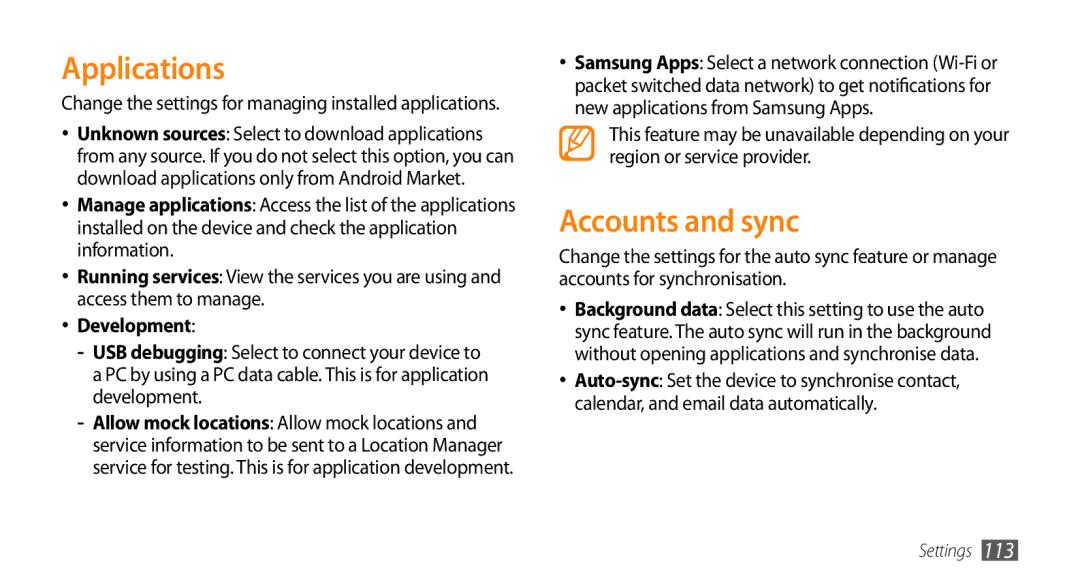 Samsung GT-I9003ISEXEV, GT-I9003NKDDBT, GT-I9003ISDTUR, GT-I9003RWDATO manual Applications, Accounts and sync, Development 