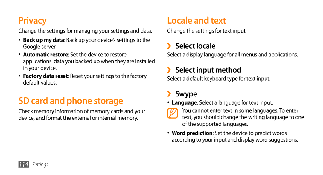 Samsung GT-I9003ISDXEV, GT-I9003NKDDBT, GT-I9003ISDTUR, GT-I9003RWDATO Privacy, SD card and phone storage, Locale and text 