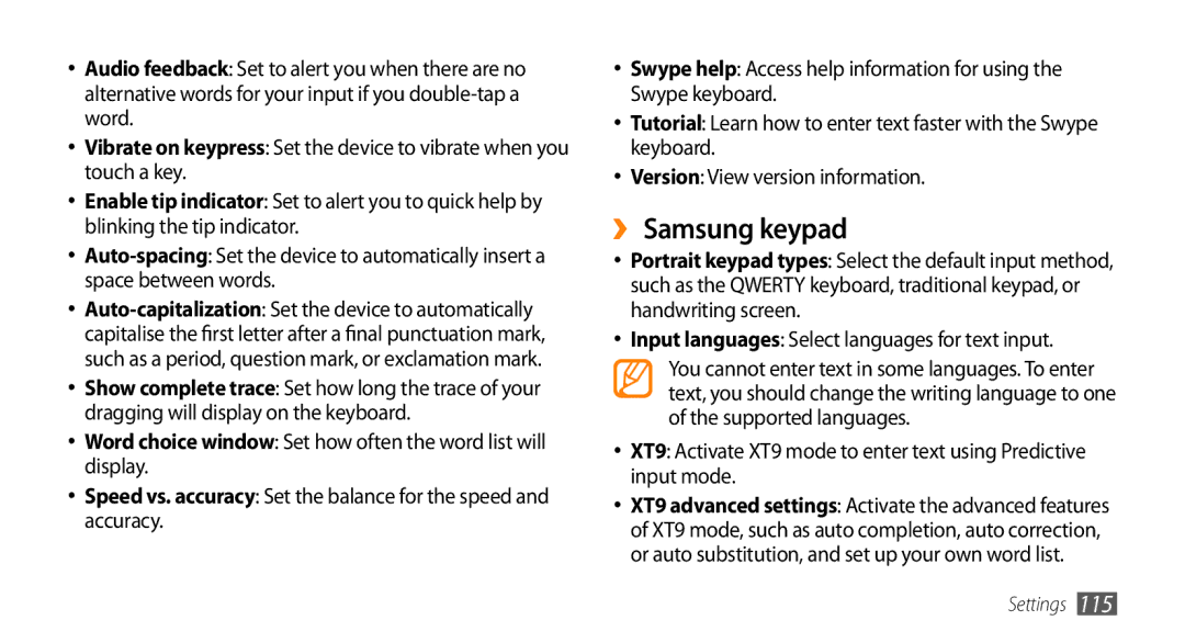 Samsung GT-I9003MKDXEV, GT-I9003NKDDBT, GT-I9003ISDTUR ›› Samsung keypad, Input languages Select languages for text input 