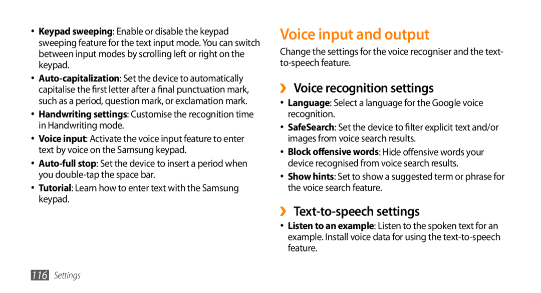 Samsung GT-I9003MKDBGL, GT-I9003NKDDBT Voice input and output, ›› Voice recognition settings, ›› Text-to-speech settings 