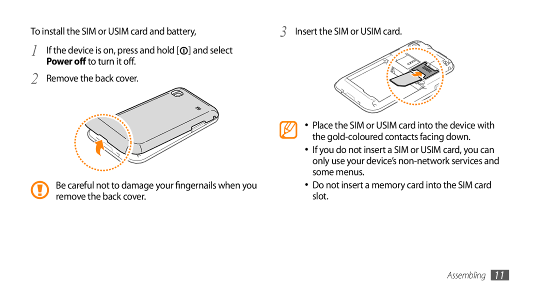 Samsung GT-I9003ISDDBT, GT-I9003NKDDBT, GT-I9003ISDTUR, GT-I9003RWDATO, GT-I9003MKDTUR Some menus, Remove the back cover Slot 