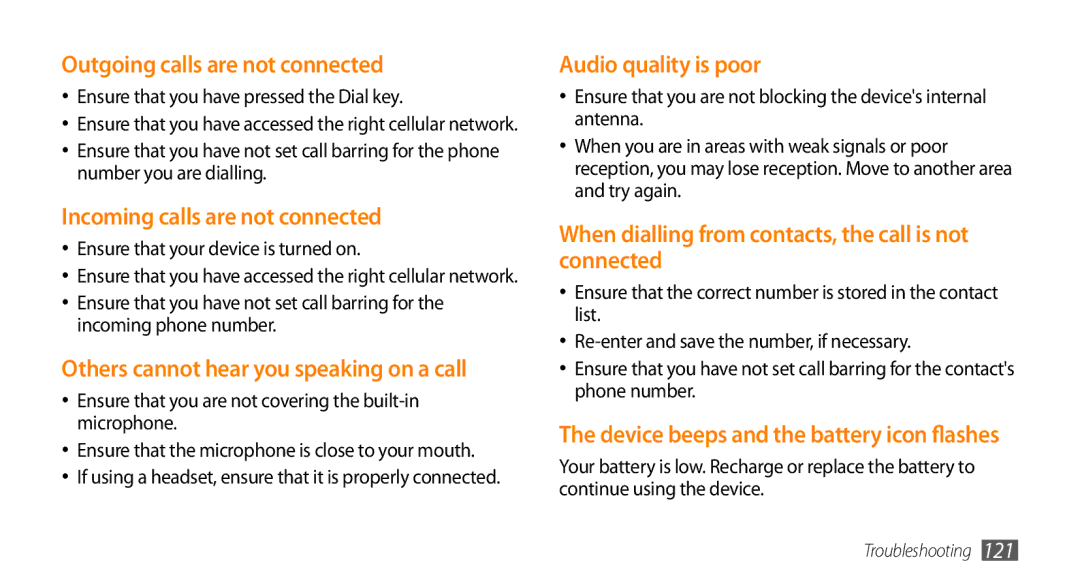 Samsung GT-I9003ISDSEB manual Outgoing calls are not connected, Incoming calls are not connected, Audio quality is poor 