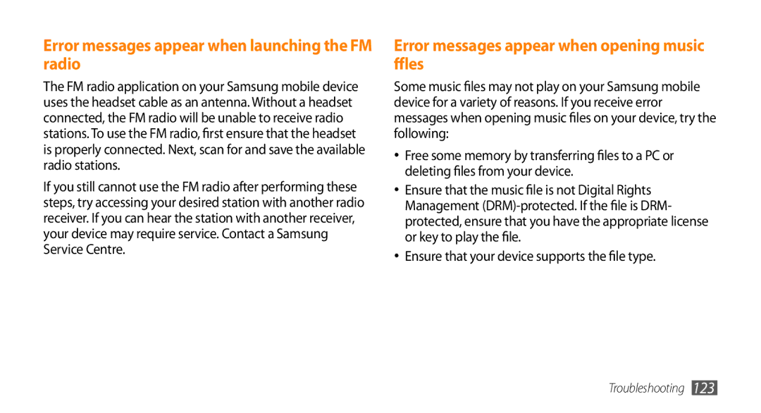 Samsung GT-I9003MKOSER Error messages appear when launching the FM radio, Error messages appear when opening music files 