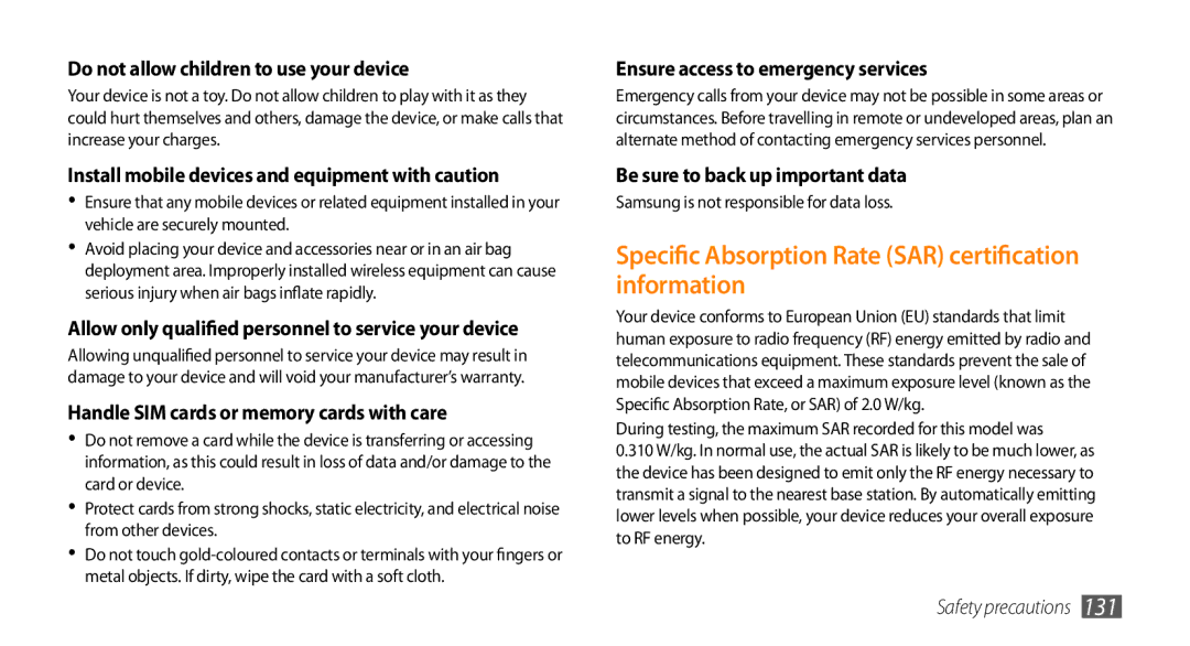 Samsung GT-I9003FIJSER Specific Absorption Rate SAR certification information, Do not allow children to use your device 