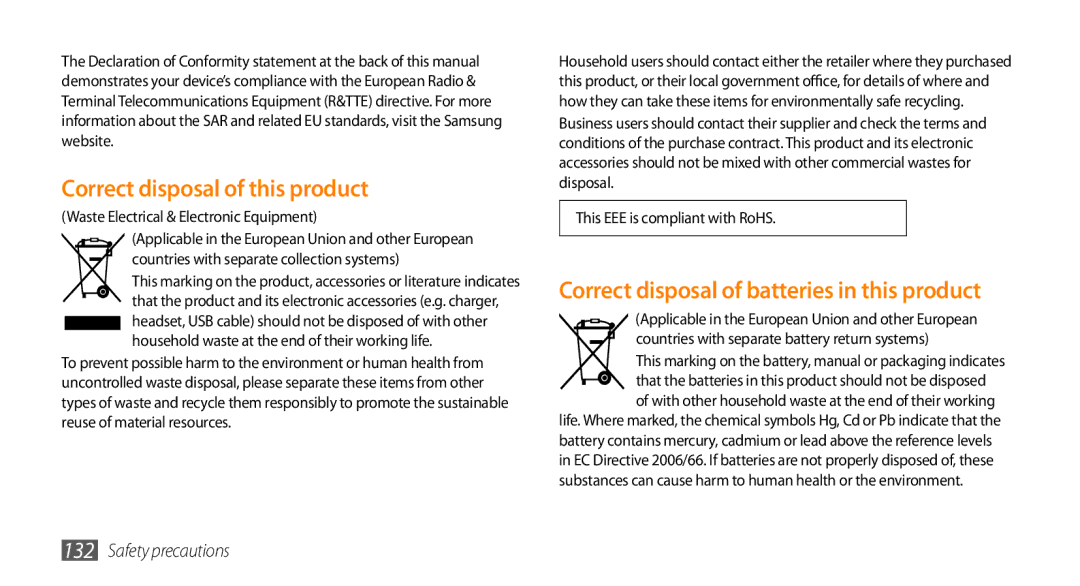 Samsung GT-I9003NKOSER, GT-I9003NKDDBT Correct disposal of this product, Correct disposal of batteries in this product 