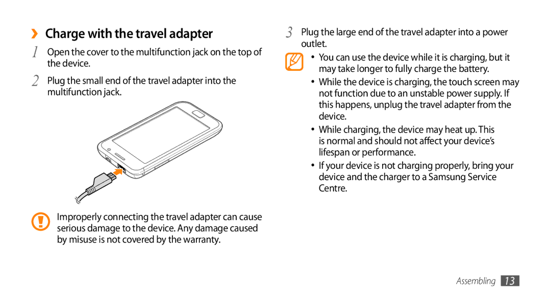 Samsung GT-I9003RWDBOG, GT-I9003NKDDBT manual ›› Charge with the travel adapter, Device, Multifunction jack, Outlet 