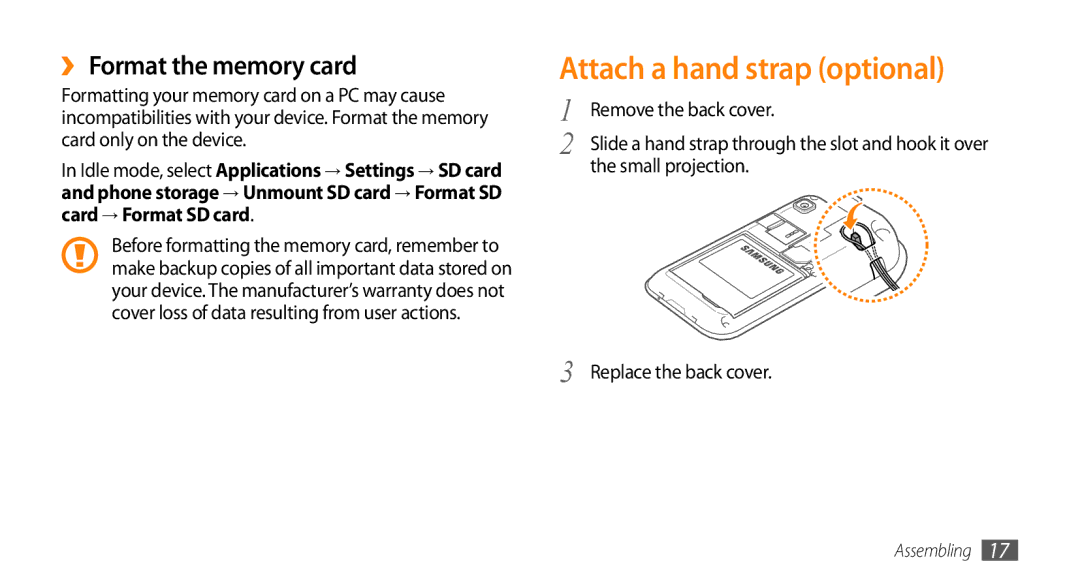 Samsung GT-I9003MKDSFR, GT-I9003NKDDBT manual Attach a hand strap optional, ›› Format the memory card, Small projection 