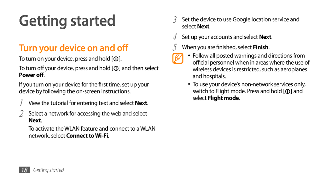 Samsung GT-I9003MKDXEF, GT-I9003NKDDBT, GT-I9003ISDTUR, GT-I9003RWDATO Getting started, Turn your device on and off, Next 