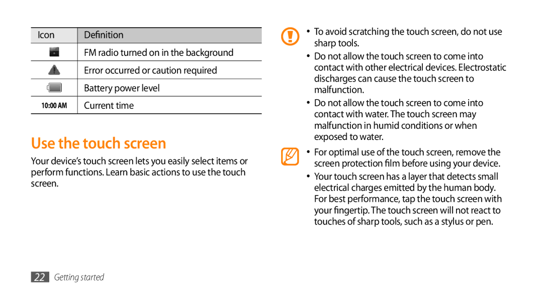 Samsung GT-I9003NKDXEF Use the touch screen, Icon Definition, Error occurred or caution required, Battery power level 