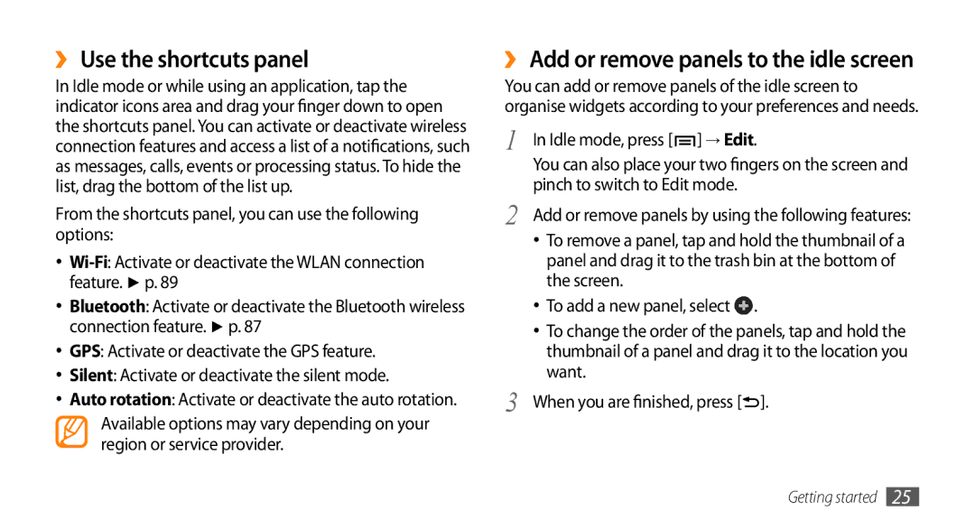 Samsung GT-I9003MKDVGF, GT-I9003NKDDBT manual ›› Use the shortcuts panel, ›› Add or remove panels to the idle screen 