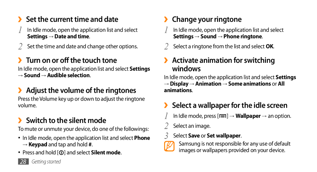 Samsung GT-I9003RWDSFR ›› Set the current time and date, ›› Turn on or off the touch tone, ›› Switch to the silent mode 