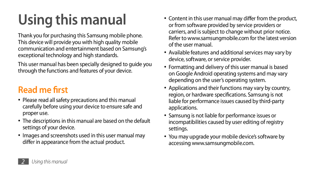 Samsung GT-I9003MKDTUR, GT-I9003NKDDBT, GT-I9003ISDTUR, GT-I9003RWDATO, GT-I9003MKDATO Using this manual, Read me first 