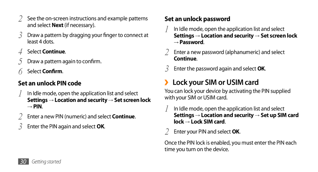 Samsung GT-I9003ISDITV, GT-I9003NKDDBT, GT-I9003ISDTUR, GT-I9003RWDATO, GT-I9003MKDTUR manual ›› Lock your SIM or Usim card 