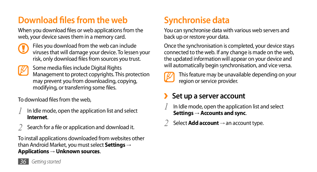 Samsung GT-I9003RWDFOP, GT-I9003NKDDBT Download files from the web, Synchronise data, ›› Set up a server account, Internet 