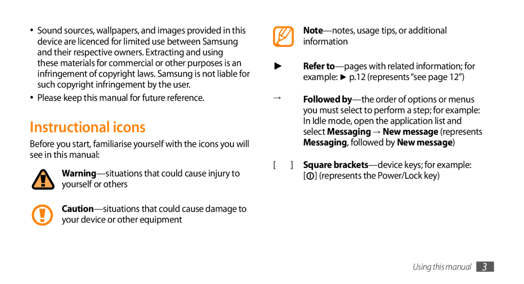 Samsung GT-I9003MKDATO, GT-I9003NKDDBT, GT-I9003ISDTUR Instructional icons, Please keep this manual for future reference 