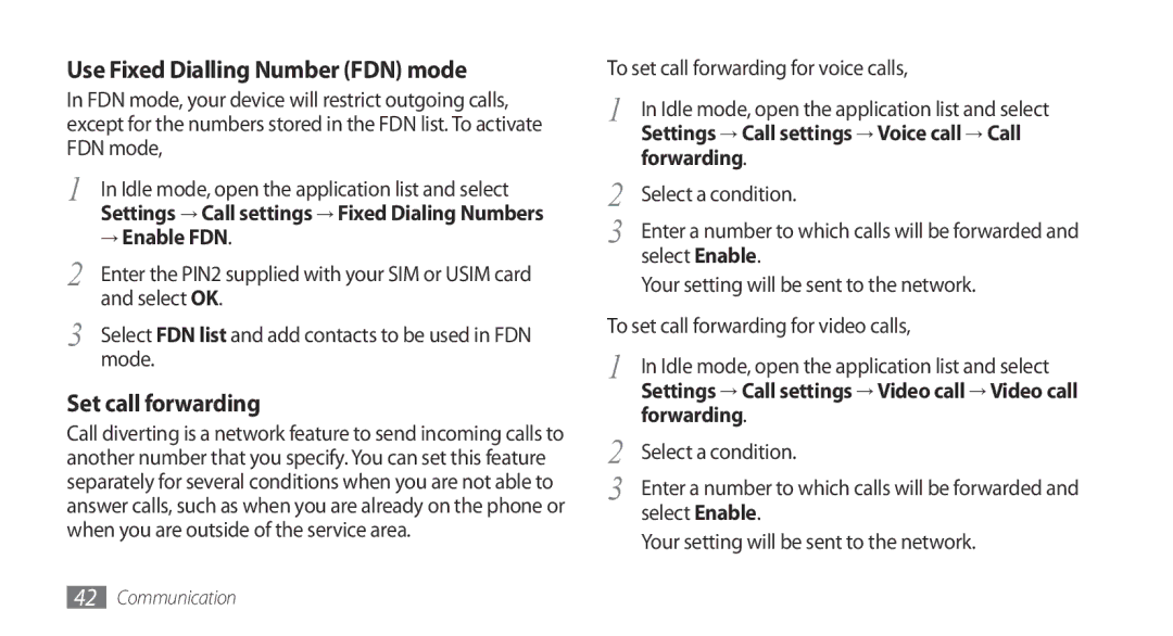 Samsung GT-I9003MKDXEC, GT-I9003NKDDBT, GT-I9003ISDTUR, GT-I9003RWDATO, GT-I9003MKDTUR manual → Enable FDN, Forwarding 