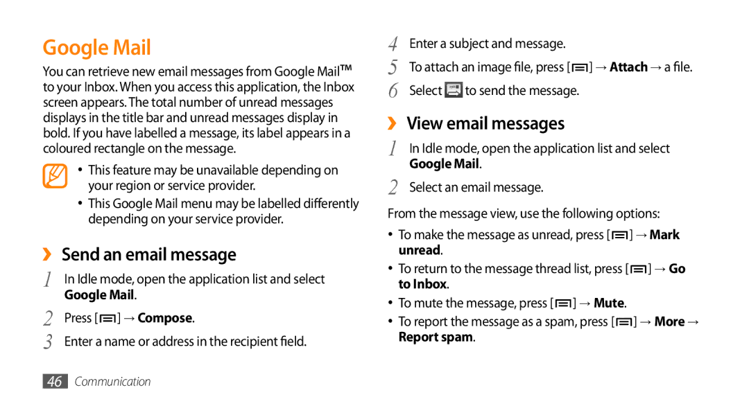 Samsung GT-I9003MKZXEC, GT-I9003NKDDBT, GT-I9003ISDTUR manual Google Mail, ›› Send an email message, ›› View email messages 