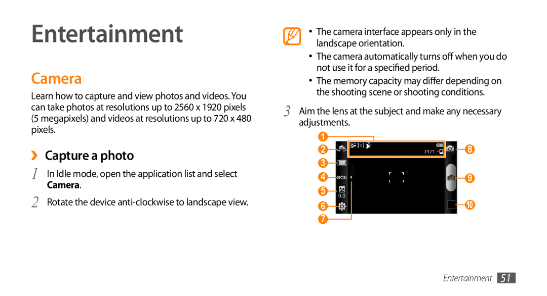 Samsung GT-I9003MKJXSS, GT-I9003NKDDBT, GT-I9003ISDTUR, GT-I9003RWDATO manual Entertainment, Camera, ›› Capture a photo 