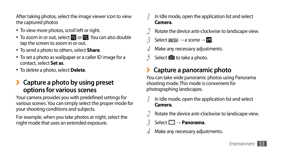 Samsung GT-I9003ISDPAK, GT-I9003NKDDBT, GT-I9003ISDTUR, GT-I9003RWDATO manual ›› Capture a panoramic photo, Select, → Panorama 