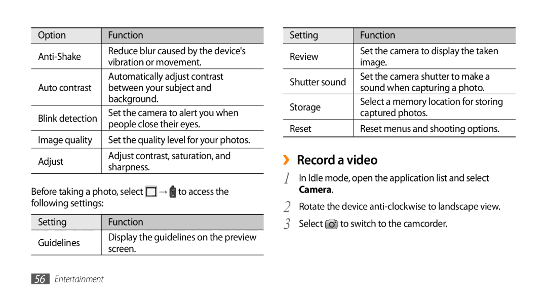 Samsung GT-I9003MKAARB, GT-I9003NKDDBT, GT-I9003ISDTUR, GT-I9003RWDATO, GT-I9003MKDTUR, GT-I9003MKDATO manual ›› Record a video 