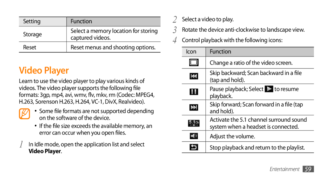 Samsung GT-I9003MKDARB, GT-I9003NKDDBT, GT-I9003ISDTUR, GT-I9003RWDATO, GT-I9003MKDTUR, GT-I9003MKDATO manual Video Player 