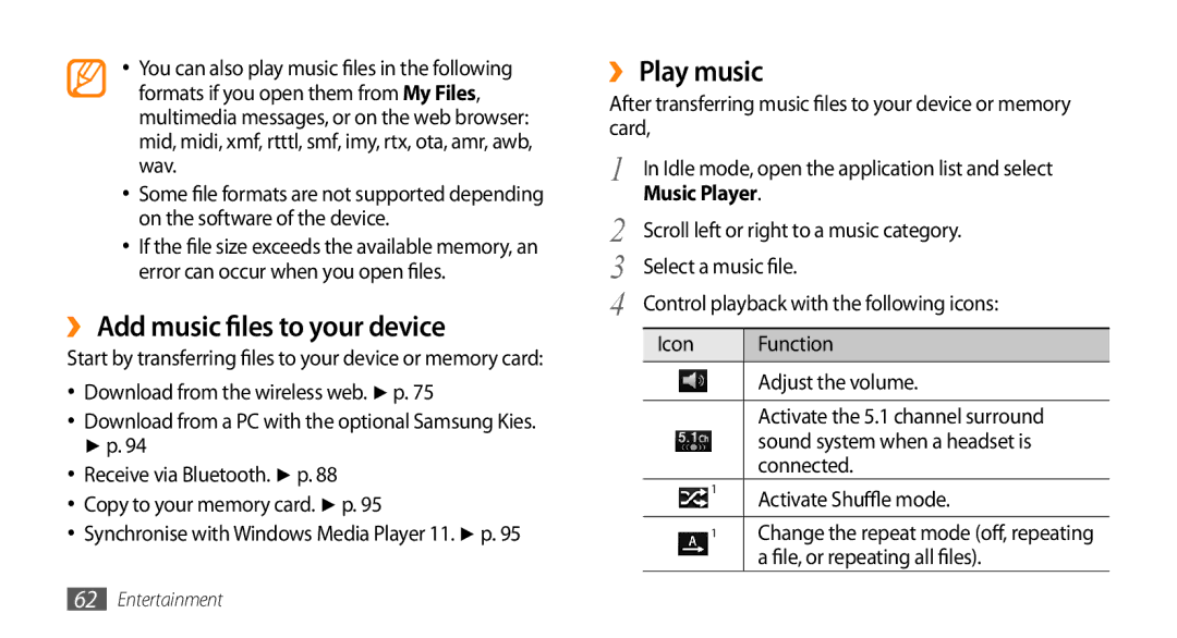 Samsung GT-I9003MKDXSS, GT-I9003NKDDBT, GT-I9003ISDTUR manual ›› Add music files to your device, ›› Play music, Music Player 