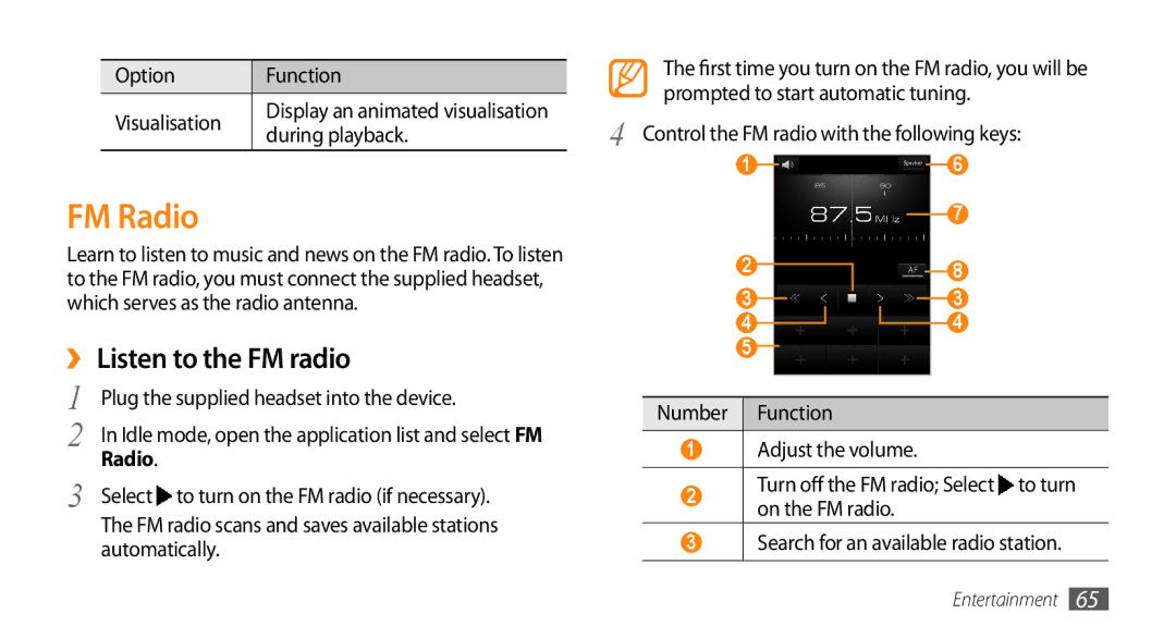 Samsung GT-I9003ISDMID, GT-I9003NKDDBT, GT-I9003ISDTUR, GT-I9003RWDATO, GT-I9003MKDTUR FM Radio, ››Listen to the FM radio 