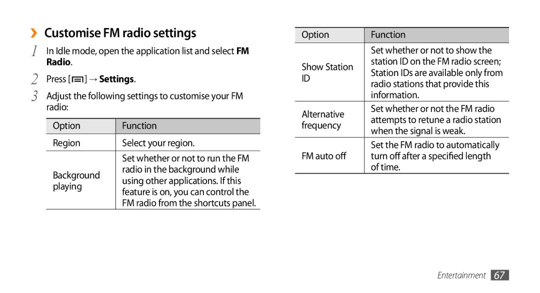 Samsung GT-I9003MKAXSS, GT-I9003NKDDBT, GT-I9003ISDTUR, GT-I9003RWDATO manual ›› Customise FM radio settings, → Settings 