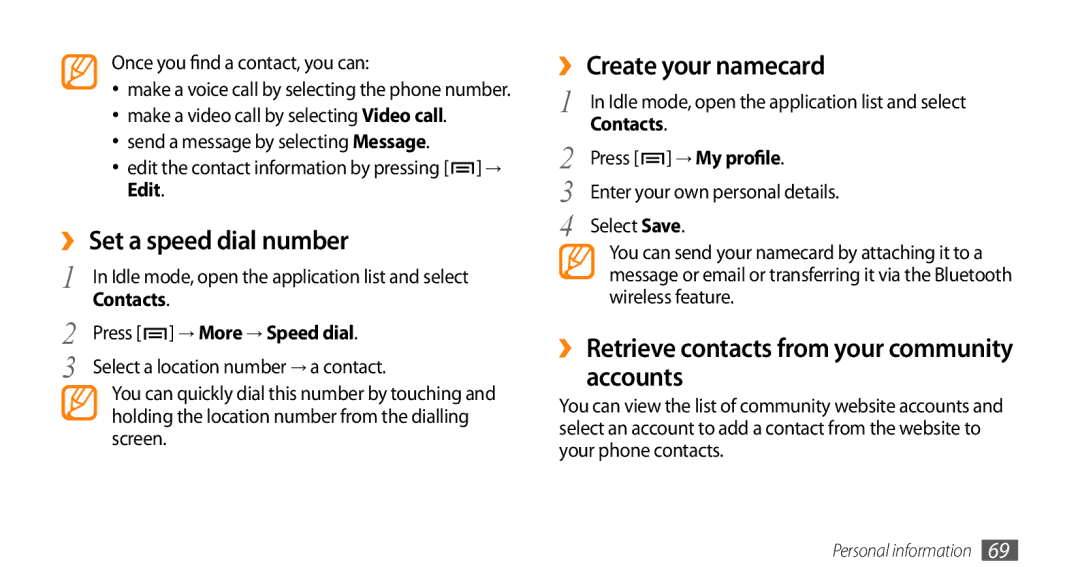Samsung GT-I9003MKJXSG manual ›› Set a speed dial number, ›› Create your namecard, Accounts, Press → More → Speed dial 