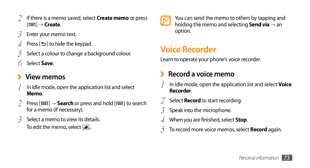 Samsung GT-I9003ISDAFG, GT-I9003NKDDBT, GT-I9003ISDTUR manual Voice Recorder, ›› View memos, ›› Record a voice memo, → Create 