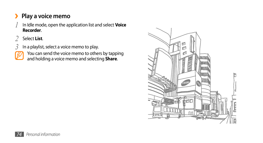 Samsung GT-I9003ISDAFR, GT-I9003NKDDBT manual ›› Play a voice memo, Select List A playlist, select a voice memo to play 