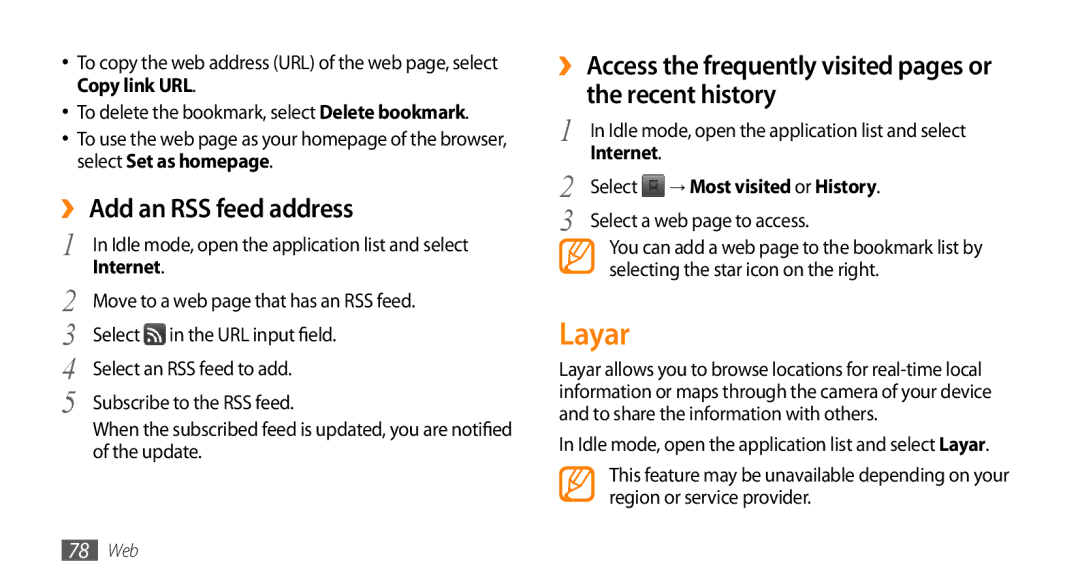 Samsung GT-I9003ISDTHR manual Layar, ›› Add an RSS feed address, → Most visited or History, Select a web page to access 