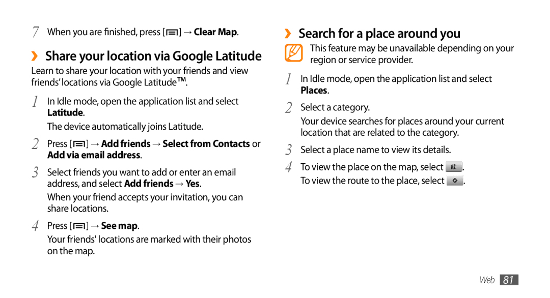 Samsung GT-I9003NKDXSS, GT-I9003NKDDBT manual ›› Search for a place around you, Add via email address, → See map, Places 