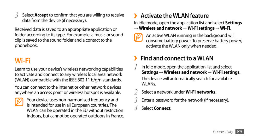 Samsung GT-I9003ISDXSG, GT-I9003NKDDBT, GT-I9003ISDTUR Wi-Fi, ›› Activate the Wlan feature, ›› Find and connect to a Wlan 