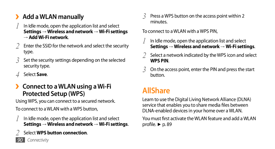 Samsung GT-I9003MKAXSG AllShare, ›› Add a Wlan manually, ›› Connect to a Wlan using a Wi-Fi Protected Setup WPS 