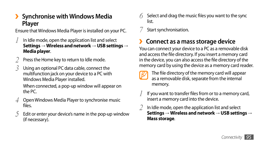 Samsung GT-I9003NKDMID manual ›› Synchronise with Windows Media Player, ›› Connect as a mass storage device, Media player 