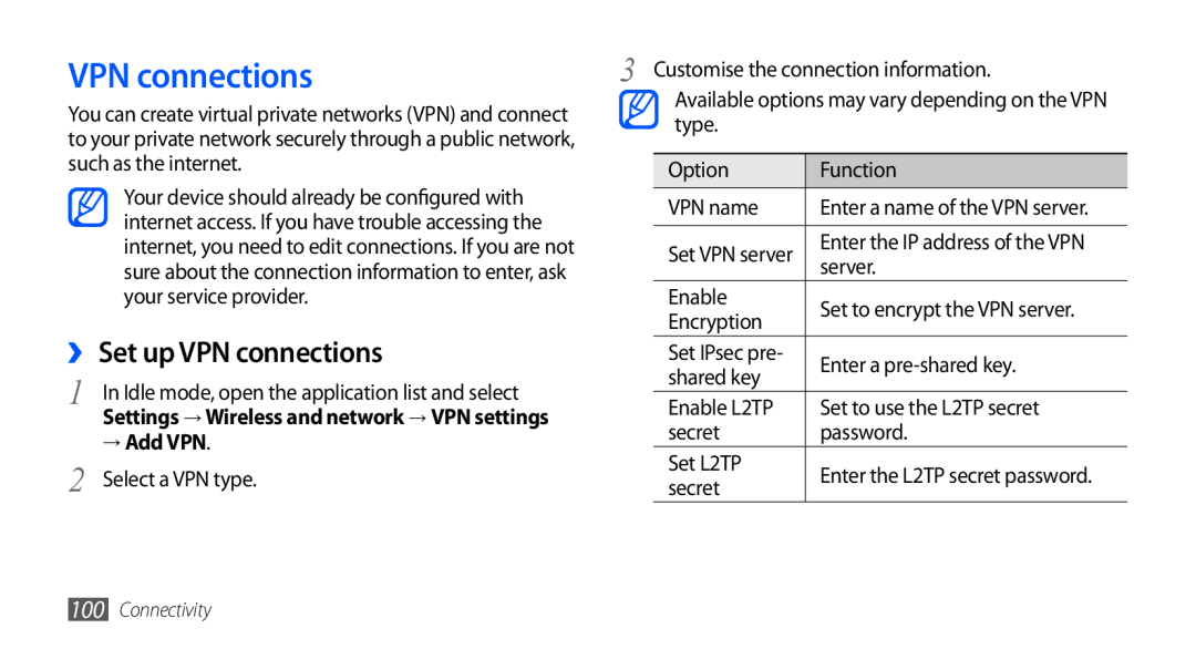 Samsung GT-I9003NKDITV, GT-I9003NKDDBT, GT-I9003ISDTUR, GT-I9003RWDATO manual ››Set up VPN connections, → Add VPN 