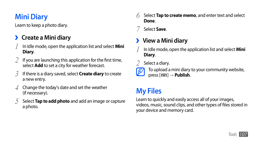 Samsung GT-I9003MKDAMN, GT-I9003NKDDBT Mini Diary, My Files, ›› Create a Mini diary, ›› View a Mini diary, Done, Tools 