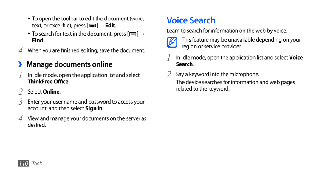 Samsung GT-I9003ISDATL, GT-I9003NKDDBT, GT-I9003ISDTUR manual Voice Search, ›› Manage documents online, ThinkFree Office 