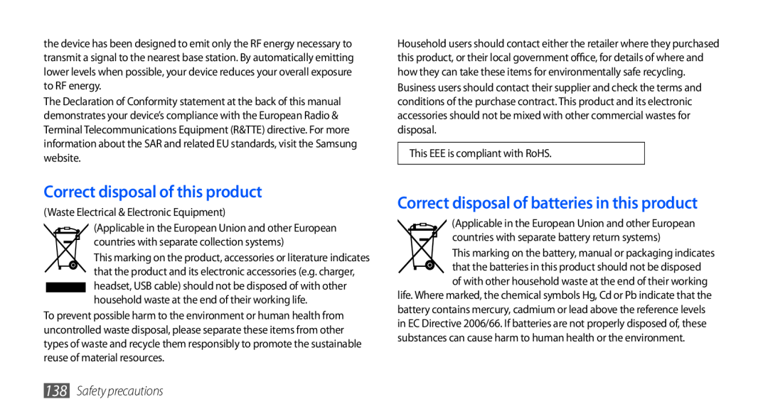 Samsung GT-I9003RWDATO Correct disposal of this product, Correct disposal of batteries in this product, Safety precautions 