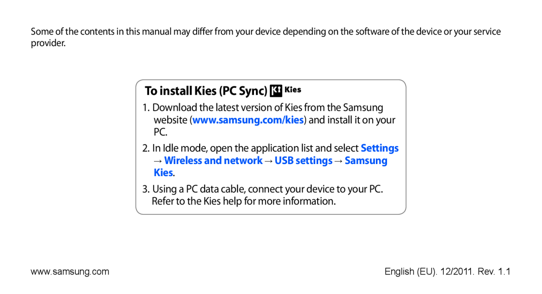 Samsung GT-I9003MKDDBT manual To install Kies PC Sync, In Idle mode, open the application list and select Settings 