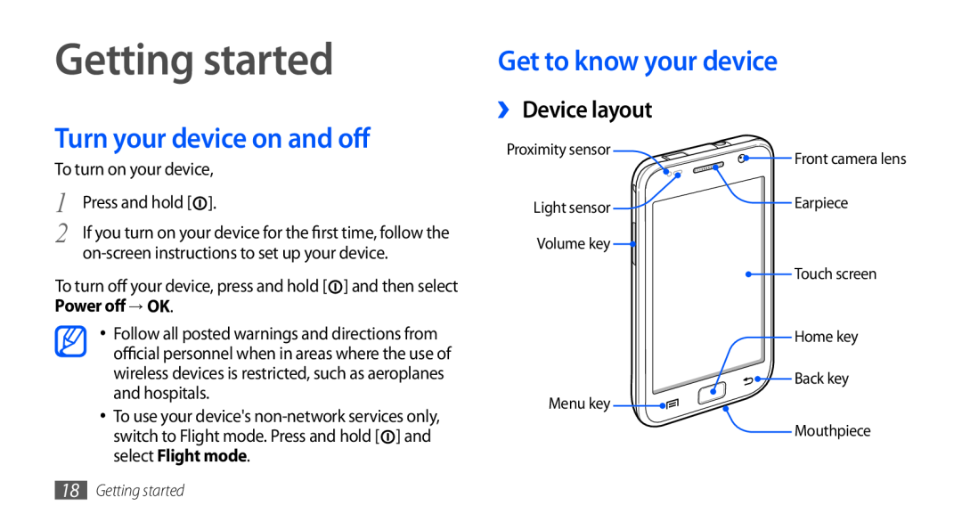 Samsung GT-I9003MKDSFR manual Getting started, Get to know your device, Turn your device on and off, ›› Device layout 