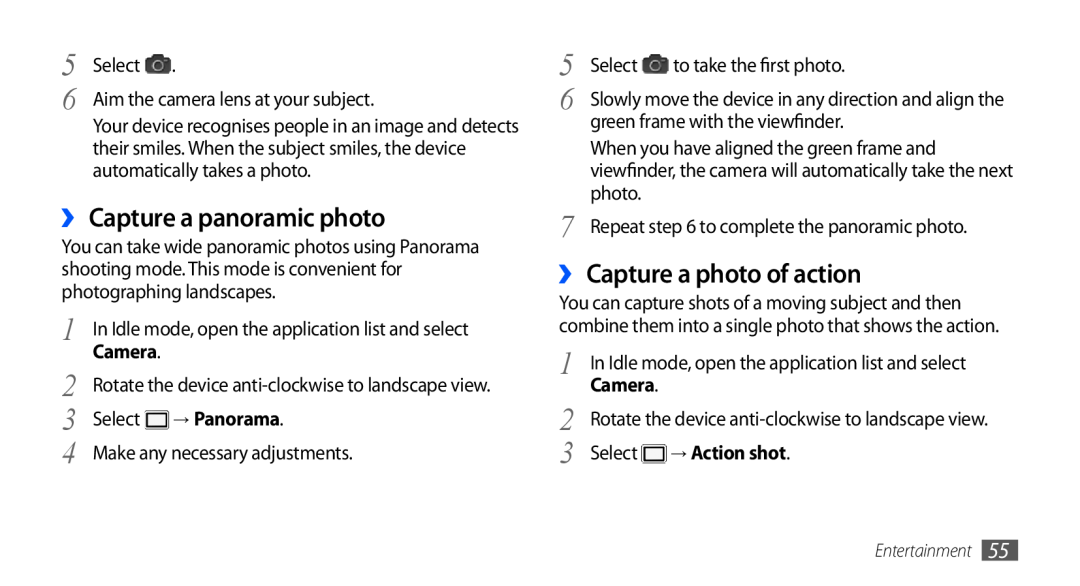 Samsung GT-I9003MKDVDC manual ›› Capture a panoramic photo, ›› Capture a photo of action, Select, → Panorama, → Action shot 