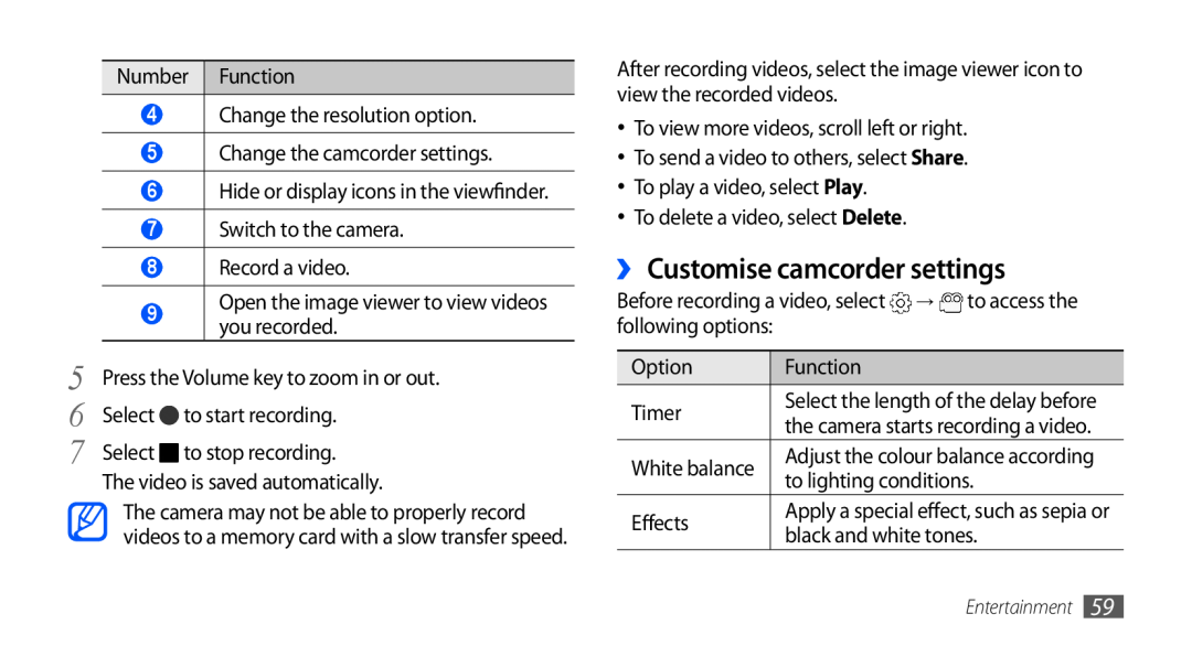 Samsung GT-I9003NKJSER manual ›› Customise camcorder settings, Hide or display icons in the viewfinder, following options 