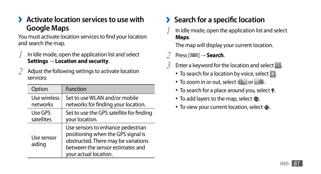 Samsung GT-I9003MKEDBT Google Maps, ›› Search for a specific location, ›› Activate location services to use with, → Search 