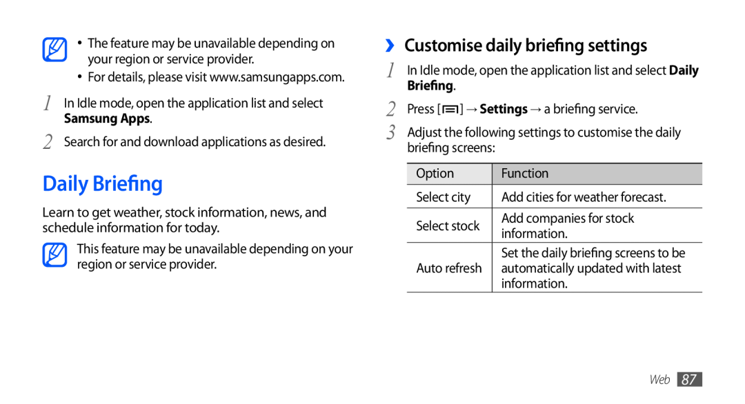 Samsung GT-I9003MKDXEF, GT-I9003NKDDBT, GT-I9003ISDTUR, GT-I9003RWDATO Daily Briefing, ›› Customise daily briefing settings 