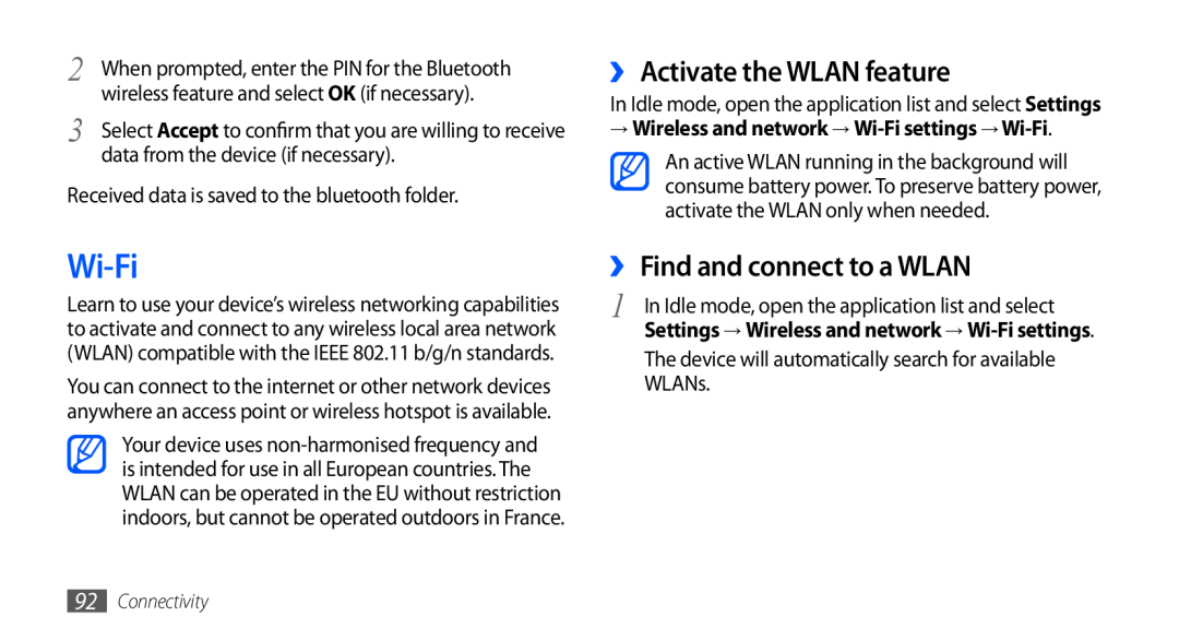 Samsung GT-I9003NKDNRJ, GT-I9003NKDDBT Wi-Fi, ›› Activate the WLAN feature, ›› Find and connect to a WLAN, Connectivity 