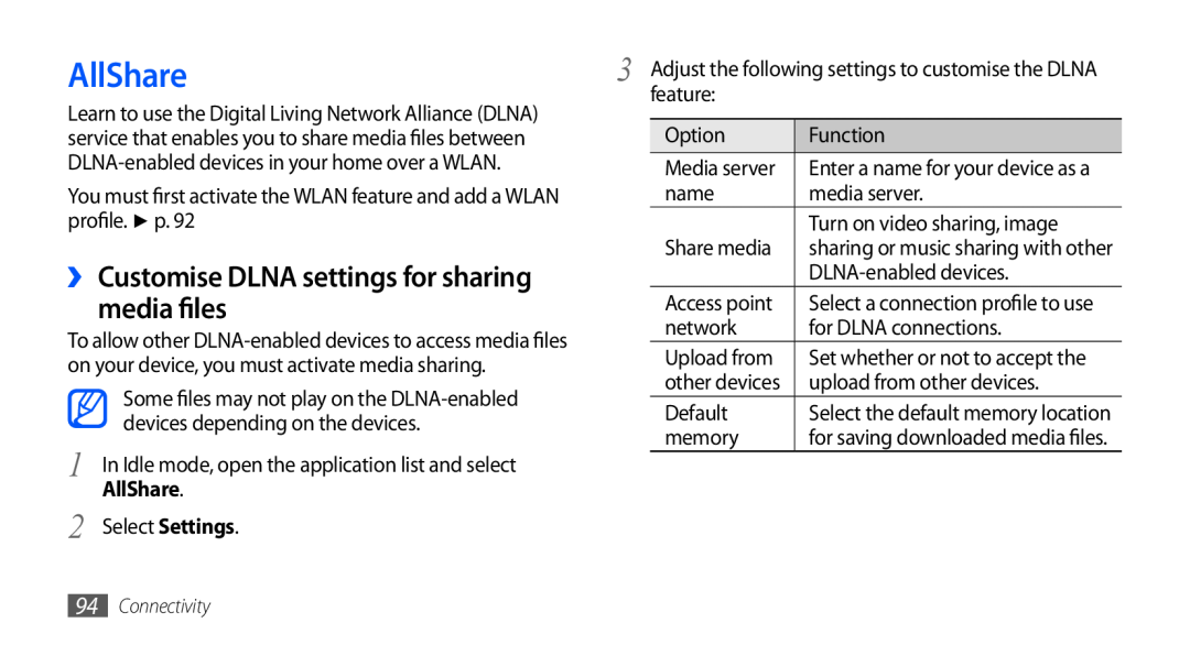 Samsung GT-I9003MKDVGF, GT-I9003NKDDBT, GT-I9003ISDTUR manual AllShare, ›› Customise DLNA settings for sharing media files 