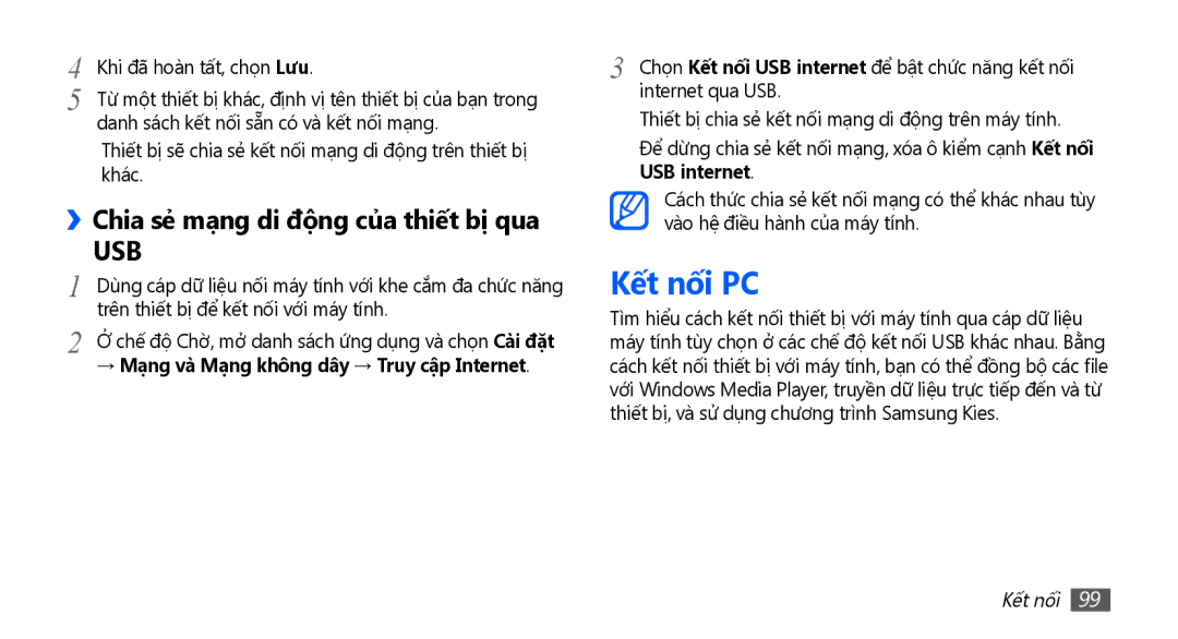 Samsung GT-I9003MKEXXV manual Kết nối PC, Danh sách kết nối sẵn có và kết nối mạng, Trên thiết bị để kết nối với máy tính 