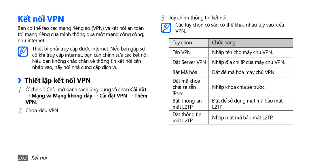 Samsung GT-I9003MKDXXV Kết nối VPN, Thiết lập kết nối VPN, → Mạng và Mạng không dây → Cài đặt VPN → Thêm, 102 Kết nối 